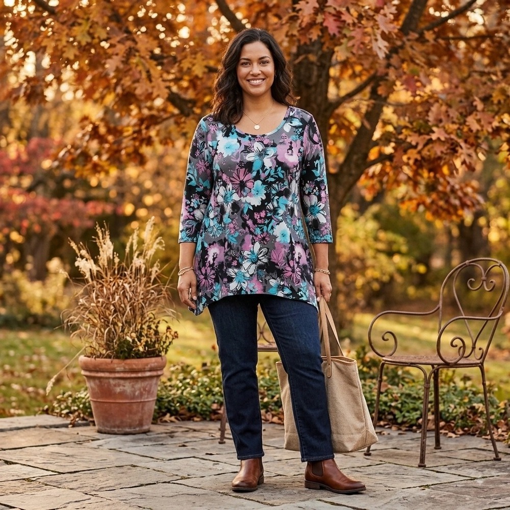 Denim & Co Tunic Womens L Gray Pink Floral Sharkbite Hem 3/4 Sleeve Boho Casual